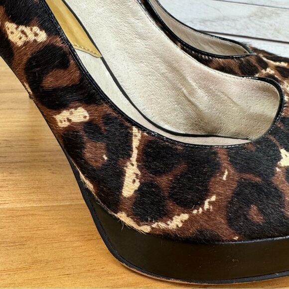 Michael Kors York Leopard Print Calf Hair Platform Peep Toe Pump Brown Black 7.5 - Picture 7 of 13